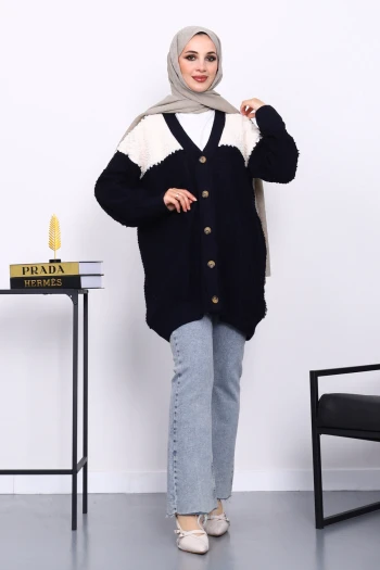 Lacivert V Yaka Düğmeli Triko Hırka