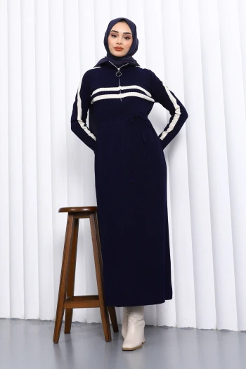 Lacivert Yaka Fermuarlı Fitilli Çizgili Triko Elbise
