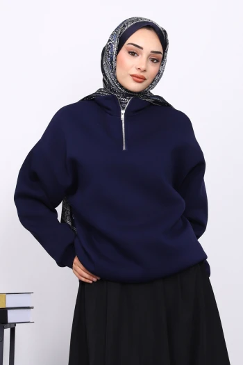 Lacivert Yaka Fermuarlı Üç İplik Şardonlu Sweat