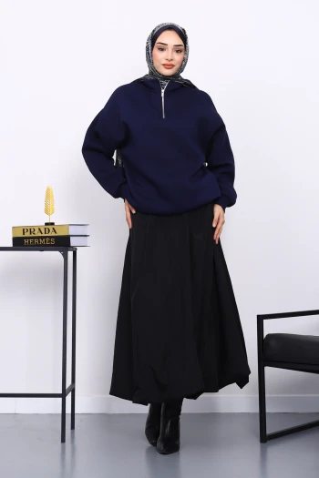 Lacivert Yaka Fermuarlı Üç İplik Şardonlu Sweat