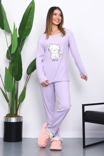 Lila Kışlık Pamuklu İnterlok Pijama Takımı