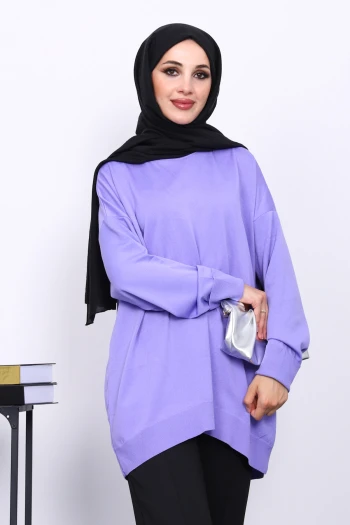 Lila Soğuk İplik Merserize Salaş Triko Kazak