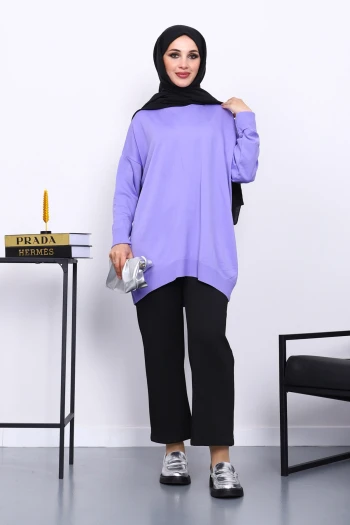 Lila Soğuk İplik Merserize Salaş Triko Kazak