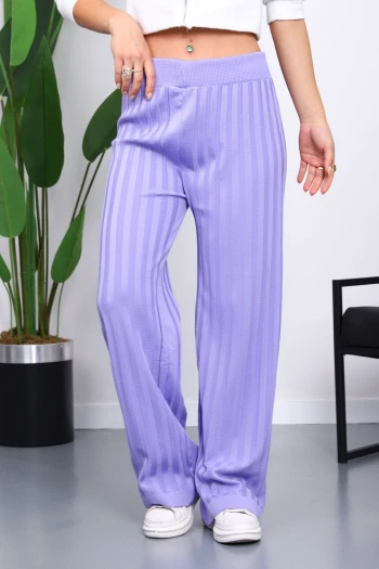 Lila Yüksek Bel Fitilli Bol Paça Triko Pantolon