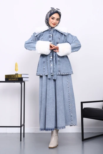 Mavi Kol Yaka Kürklü Kot Ceket Etek Takım