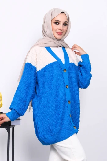 Mavi V Yaka Düğmeli Triko Hırka