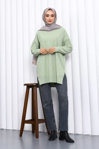 Mint Yeşili Bisiklet Yaka Soğuk İplik Triko Tunik