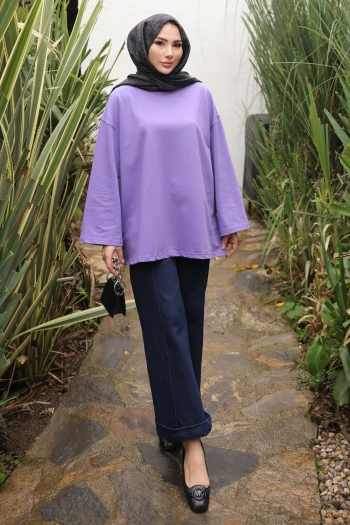 Mor Bisiklet Yaka Oversize Penye Sweat