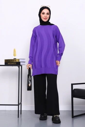 Mor Bisiklet Yaka Soğuk İplik Triko Tunik
