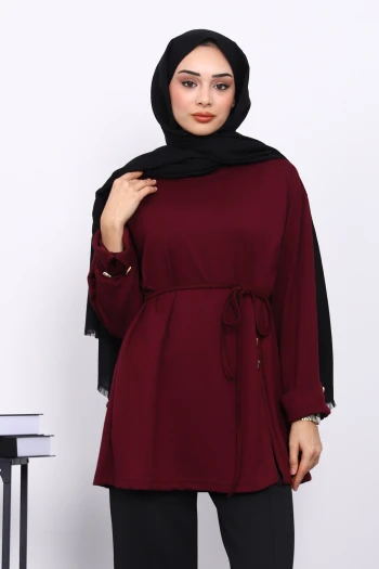 Mürdüm Düğme Detaylı Modal Tunik