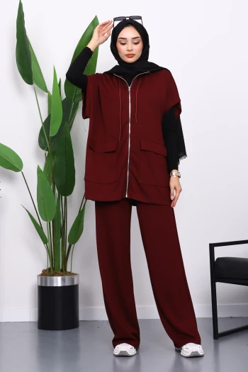 Mürdüm Fermuarlı Çift Cepli Modal Yelek Pantolonlu Takım