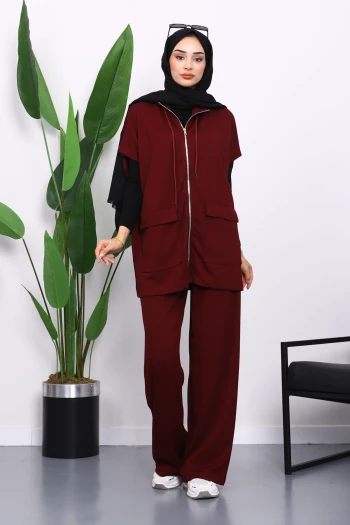 Mürdüm Fermuarlı Çift Cepli Modal Yelek Pantolonlu Takım
