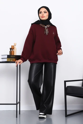 Mürdüm Fular Aksesurlı Ceylan İşlemeli Üç İplik Sweat