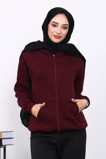 Mürdüm Kanguru Cepli Şardonlu Üç İplik Hırka