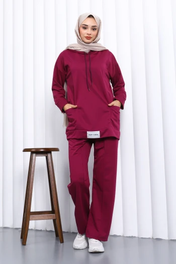 Mürdüm Önü Etiketli İki İplik Tesettür Takım