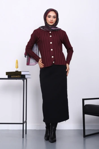 Mürdüm Soğuk İplik Düğmeli Hırka