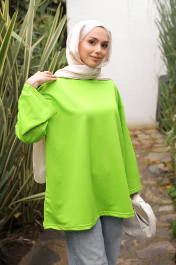 Neon Yeşili Bisiklet Yaka Oversize İki İplik Tunik