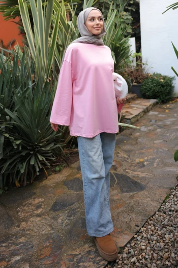 Pembe Bisiklet Yaka Oversize İki İplik Tunik
