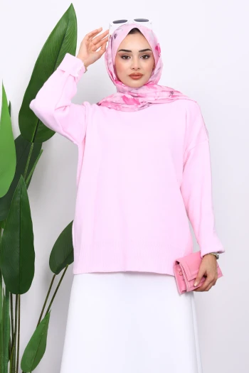 Pembe Bisiklet Yaka Yumuşak Dokulu Oversize Triko Kazak