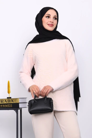 Pudra Bisiklet Yaka Angora Yumoş Triko Kazak