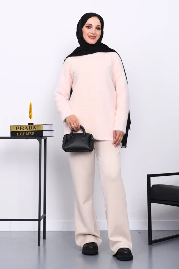 Pudra Bisiklet Yaka Angora Yumoş Triko Kazak