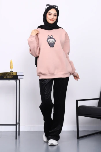 Pudra Bisiklet Yaka Üç İplik Sweat