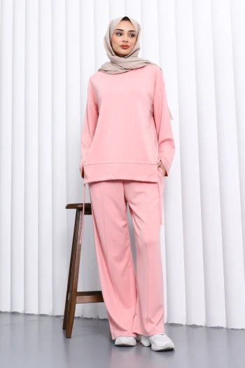 Pudra Ön Detaylı Modal Tunik Pantolonlu Takım
