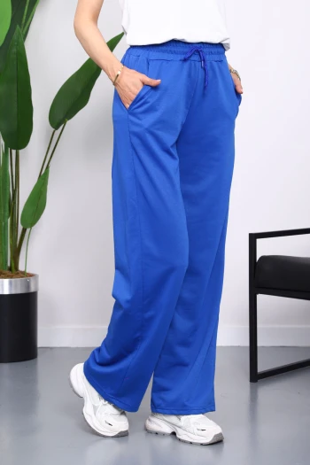 Saks Mavi Bel Lastikli İki İplik Palazzo Eşofman Alt