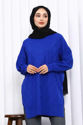 Saks Mavi Bisiklet Yaka Soğuk İplik Triko Tunik