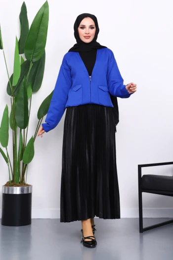 Saks Mavi Çift Cepli Fermuarlı Triko Hırka