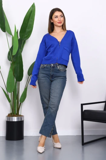 Saks Mavi Çift Cepli Fermuarlı Triko Hırka