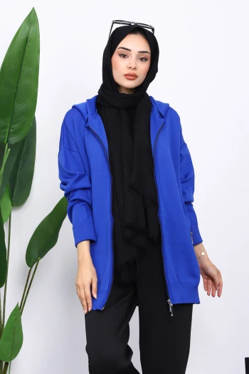 Saks Mavi Çift Cepli Fermuarlı Triko Hırka