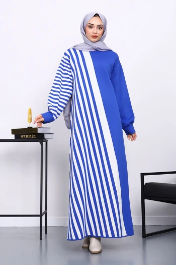 Saks Mavi Çizgili Triko Elbise