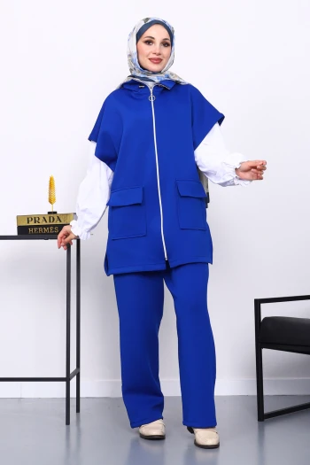 Saks Mavi Fermuarlı Yelek Pantolonlu Scuba Takım