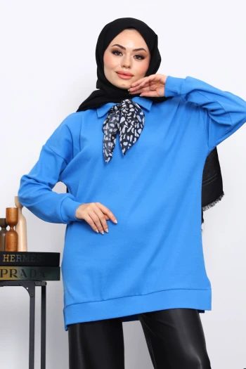 Saks Mavi Fular Detaylı Yakalı Tunik