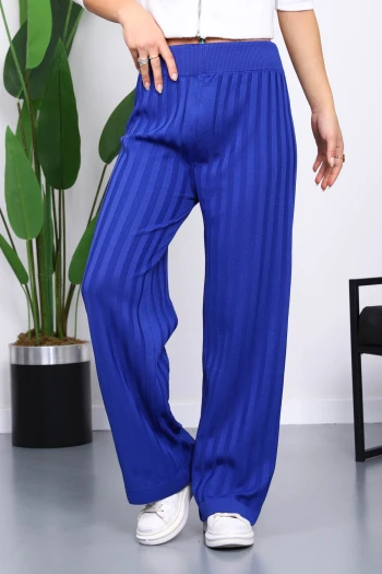 Saks Mavi Yüksek Bel Fitilli Bol Paça Triko Pantolon