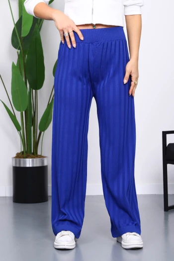 Saks Mavi Yüksek Bel Fitilli Bol Paça Triko Pantolon