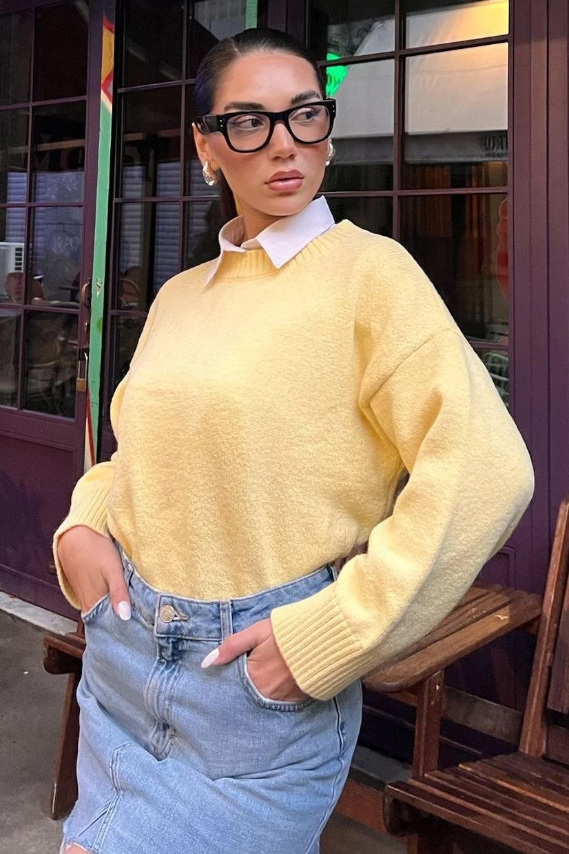 Sarı Bisiklet Yaka Yumuşak Dokulu Oversize Triko Kazak