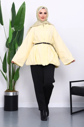 Sarı Pileli Astarlı Gabardin Ceket