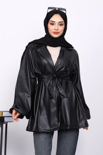 Siyah Balon Kol Kuşaklı Deri Ceket