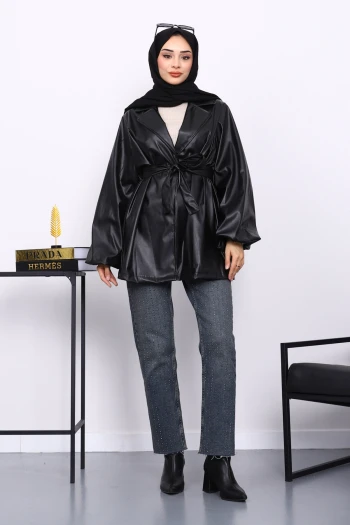 Siyah Balon Kol Kuşaklı Deri Ceket