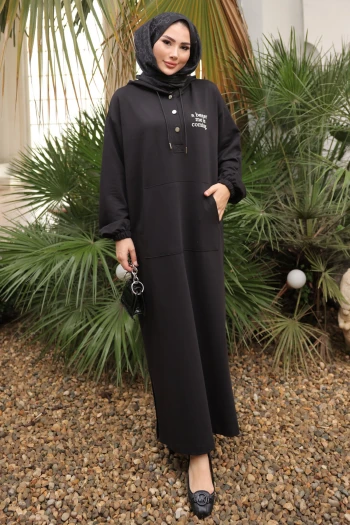 Siyah Baskılı Kapüşonlu İki İplik Elbise