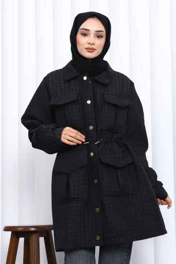 Siyah Bel Büzgülü Kapitone Mont
