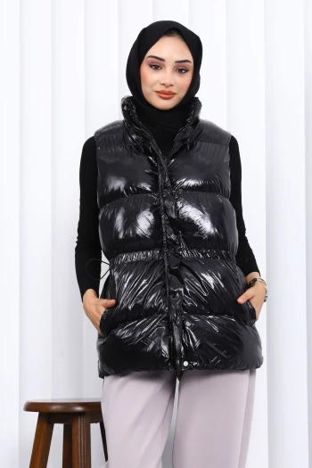 Siyah Bel Lastikli Çift Cepli Şişme Yelek