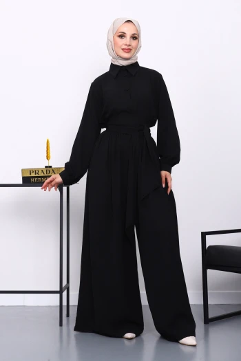 Siyah Bel Lastikli Tulum