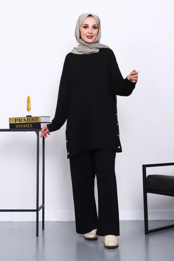 Siyah Bisiklet Yaka Çıtçıt Detaylı Modal Takım