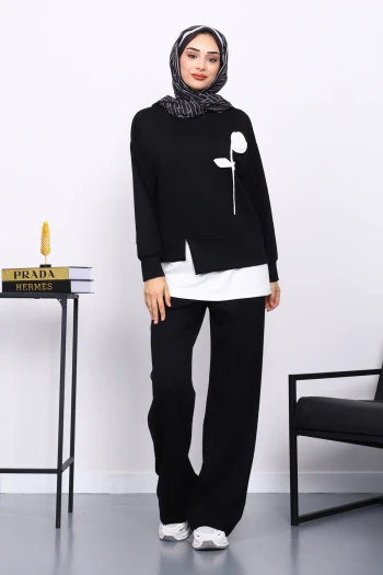 Siyah Bisiklet Yaka Gül Detaylı Tunik Pantolonlu Modal Takım