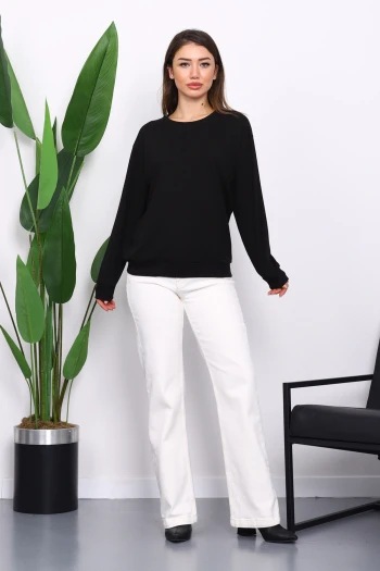 Siyah Bisiklet Yaka İki İplik Sweatshirt