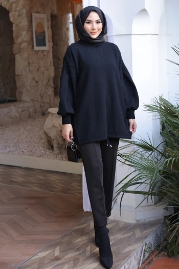 Siyah Bisiklet Yaka Keçe Kazak