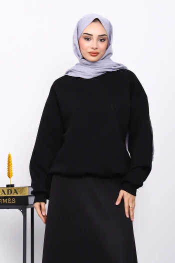 Siyah Bisiklet Yaka Şadonlu Üç iplik Sweat